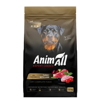 Повнораціонний сухий корм AnimAll для дорослих собак великих порід, зі свіжою індичкою та ягням, 12 кг